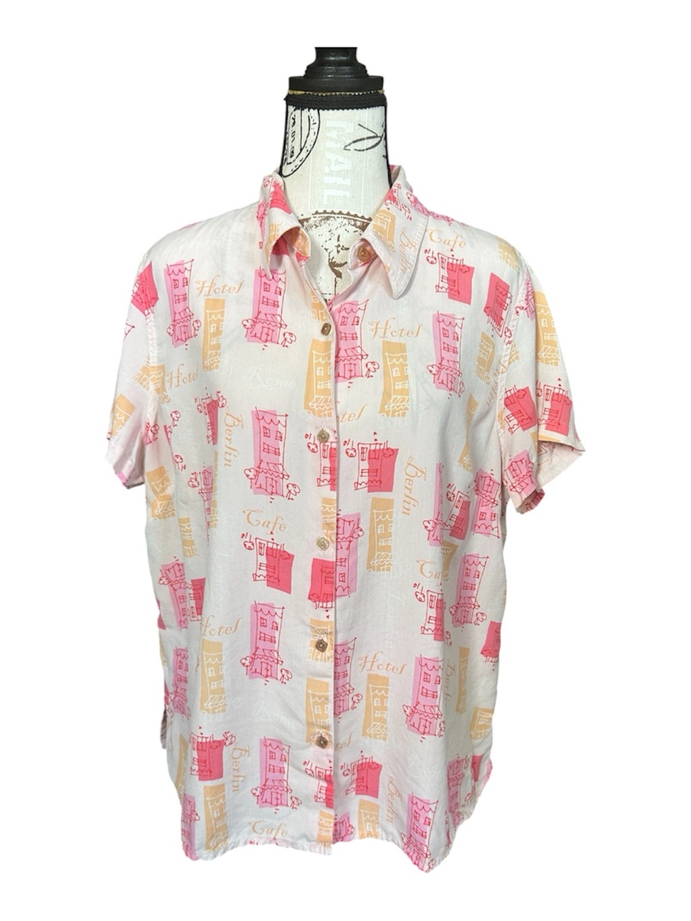 Liz Claiborne Vintage 100% Silk Cafe Novelty Button Uo Shirt size Large